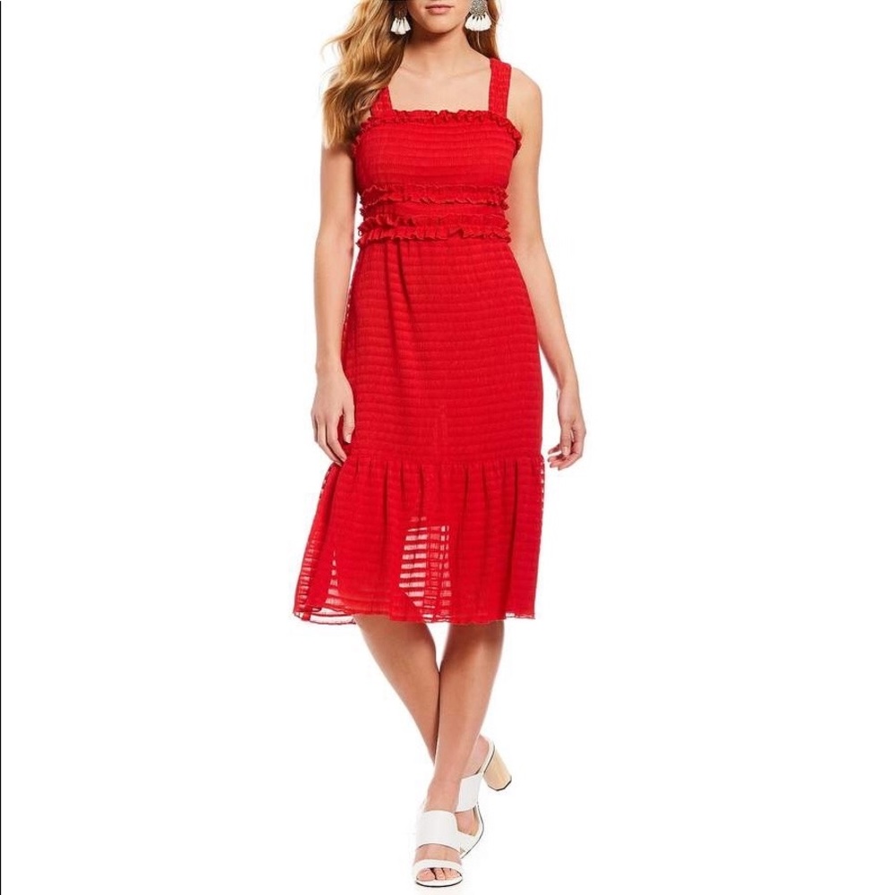 Gianni Bini Womens Snyder Red Smocked Midi Dress Sheer Stripes Prairie size XS